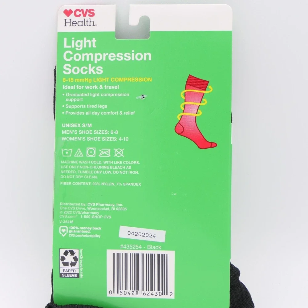 CVS Light Compression Socks Over The Calf Length Black Unisex Small / Med 2 Pair